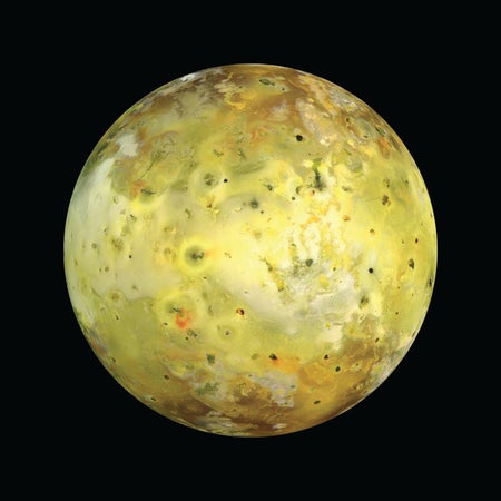 A yellow, brown, orange moon shown against a black background.
