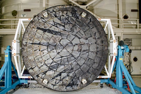 After NASA’s Orion spacecraft was recovered at the conclusion of the Artemis I test flight and transported to NASA’s Kennedy Space Center in Florida, its heat shield was removed from the crew module inside the Operations and Checkout Building and rotated for inspection