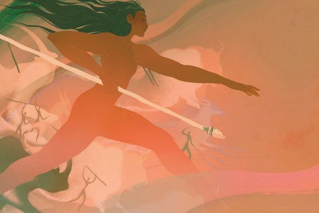 Illustration of ancient women hunters against a red and orange background.