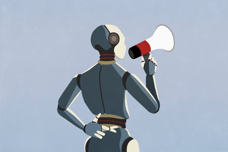 Alt	Robot with bullhorn and fingers crossed behind back