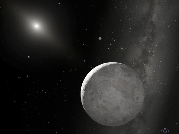 Eris is the large object at the bottom of this artist concept, Dysnomia is the small moon in the distance beyond Eris to the right, in the background the sun appears as a small star in the very far distance