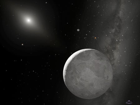 Eris is the large object at the bottom of this artist concept, Dysnomia is the small moon in the distance beyond Eris to the right, in the background the sun appears as a small star in the very far distance