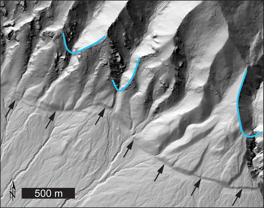 Lidar hillshade of the Sangre de Cristo fault scarp (denoted by the black arrow) offsetting alluvial fans along the south side of the Blanca Massif, Sangre de Cristo Mountains, CO USA. The blue lines show the approximate termini of glaciers from the last ice age